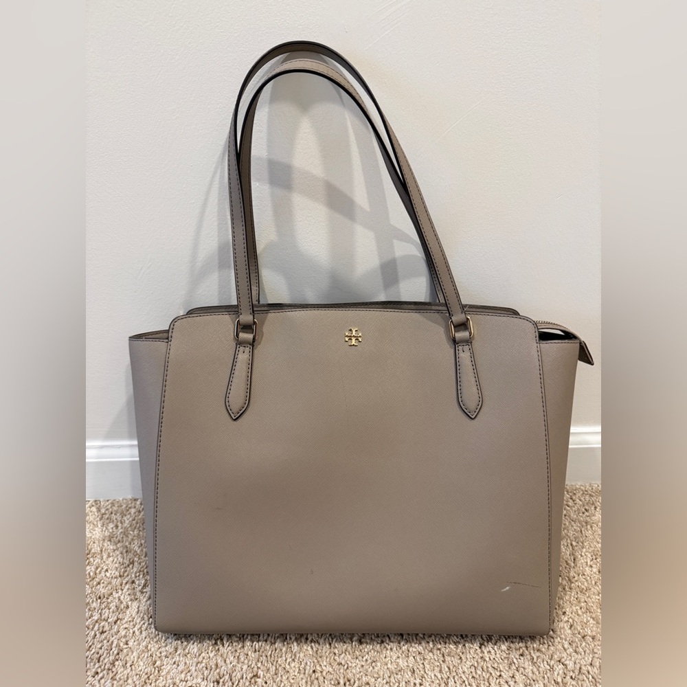 Tory Burch Taupe Saffiano Tote with Gold Logo